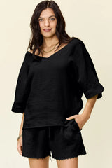 Double Take Texture Half Sleeve T-Shirt and Drawstring Shorts Set - kinko