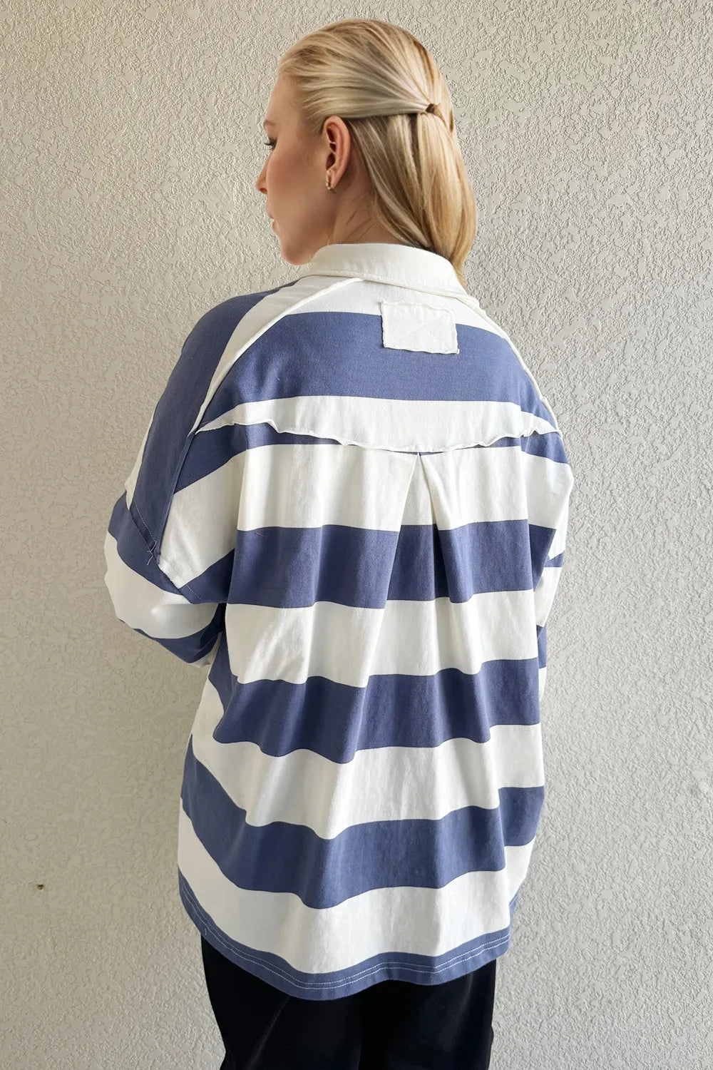 Oh Pima Cotton Wash Wide Striped Collared Neck Long Sleeve Top - kinko