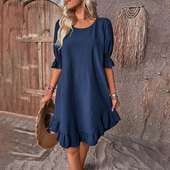 Fashion Ruffle Short-sleeved Dress Summer Solid Color Round Neck Loose Straight Dresses Womens Clothing - kinko
