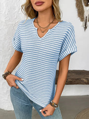 Striped Notched Short Sleeve T-Shirt - kinko