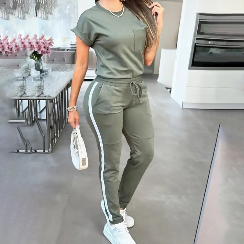 Women's Solid Color Short Sleeve Two-Piece Set - Round Neck, Stripe Trim, Tie Waist Belt, Pockets Spring&Summer Casual Outfit - kinko