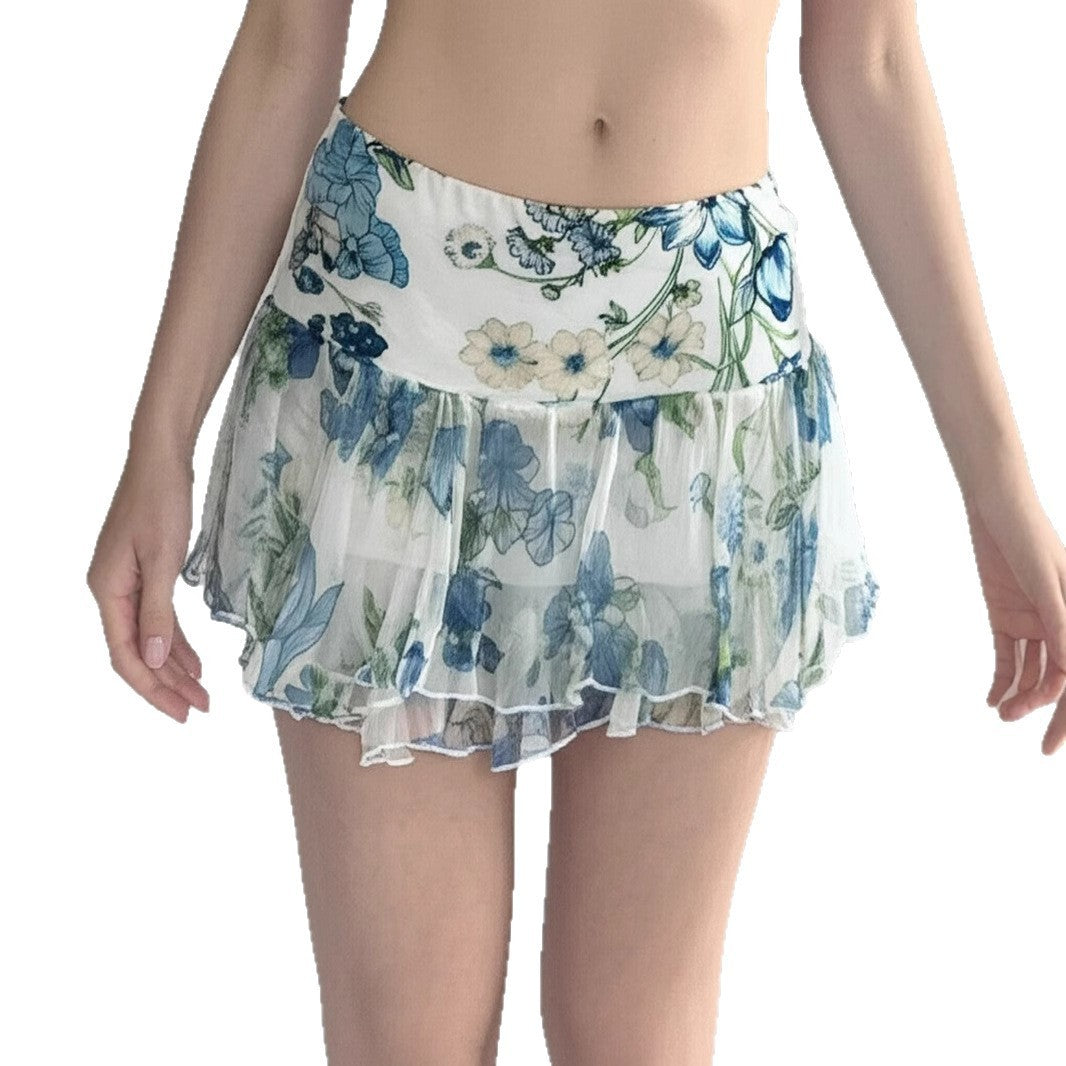 American Street Style Mesh Floral Print Irregular Skirt - kinko