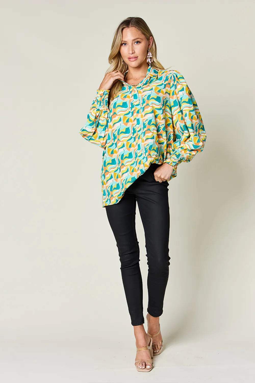 Double Take Full Size Printed Smocked Long Sleeve Blouse - kinko