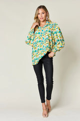 Double Take Full Size Printed Smocked Long Sleeve Blouse - kinko