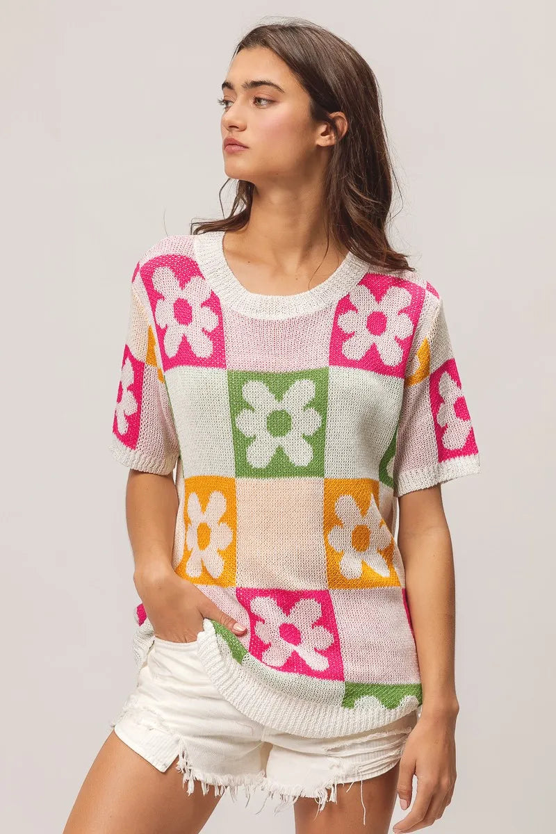 BiBi Flower Checker Pattern Lightweight Sweater Top - kinko