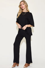 Basic Bae Full Size Bamboo Drop Shoulder T-Shirt and Flare Pants Set - kinko