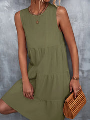 Tiered Round Neck Sleeveless Mini Tank Dress - kinko