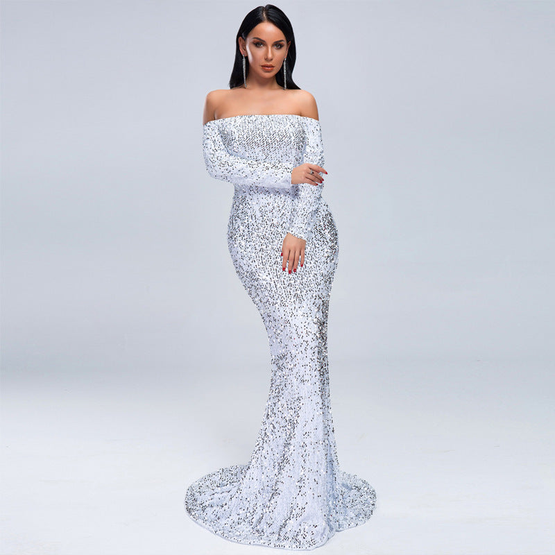Sexy Strapless Long Sleeve Sequins Party Evening Dress - kinko