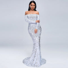 Sexy Strapless Long Sleeve Sequins Party Evening Dress - kinko