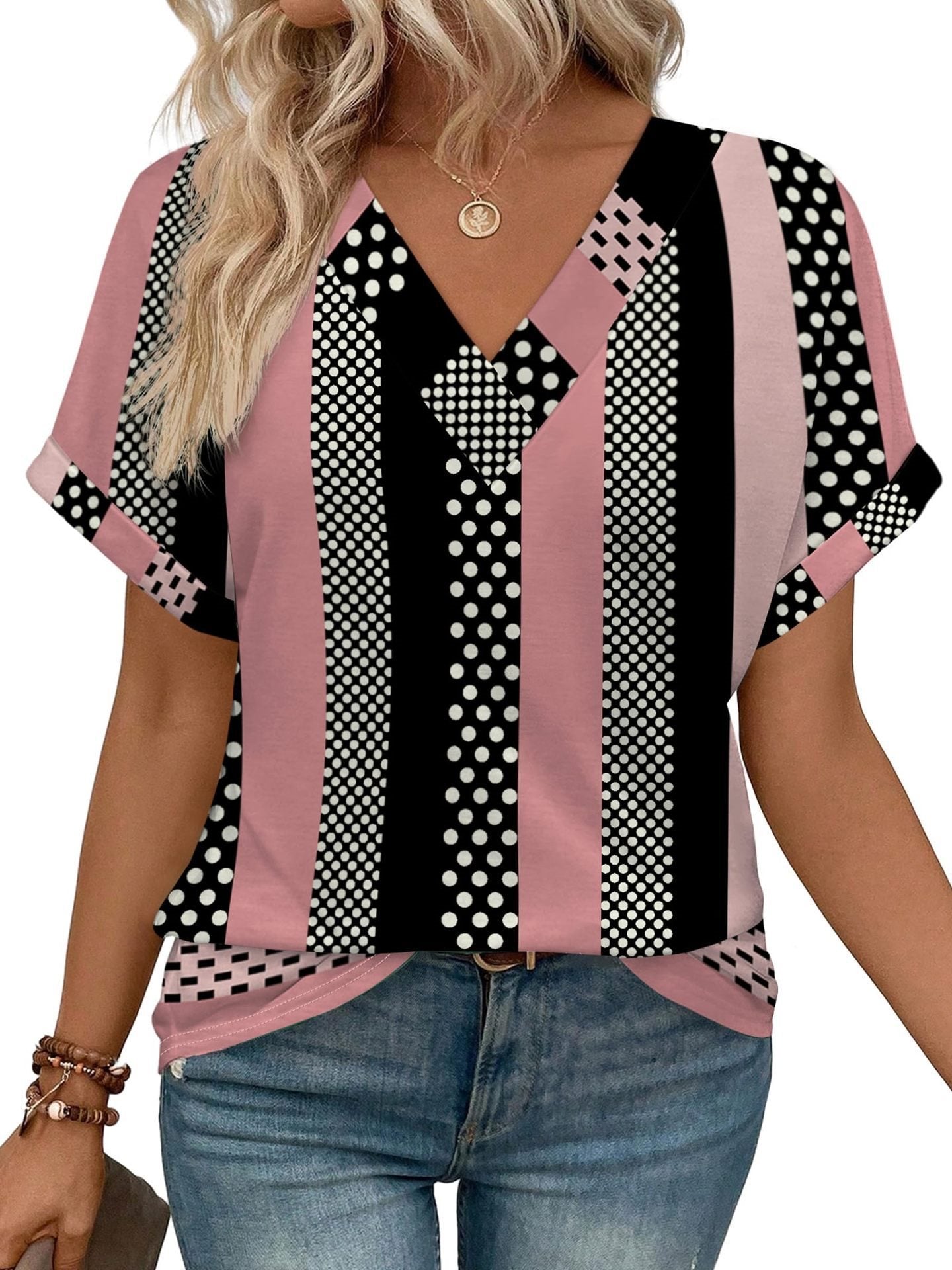 Women's Casual Round Neck Striped T-shirt Top - kinko