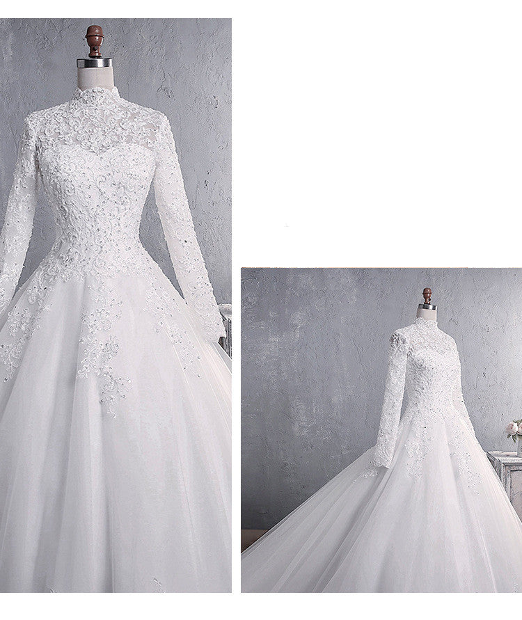 Lace Wedding Dress Bridal Stand-up Collar Long-sleeved Large Tail Large Size - kinko