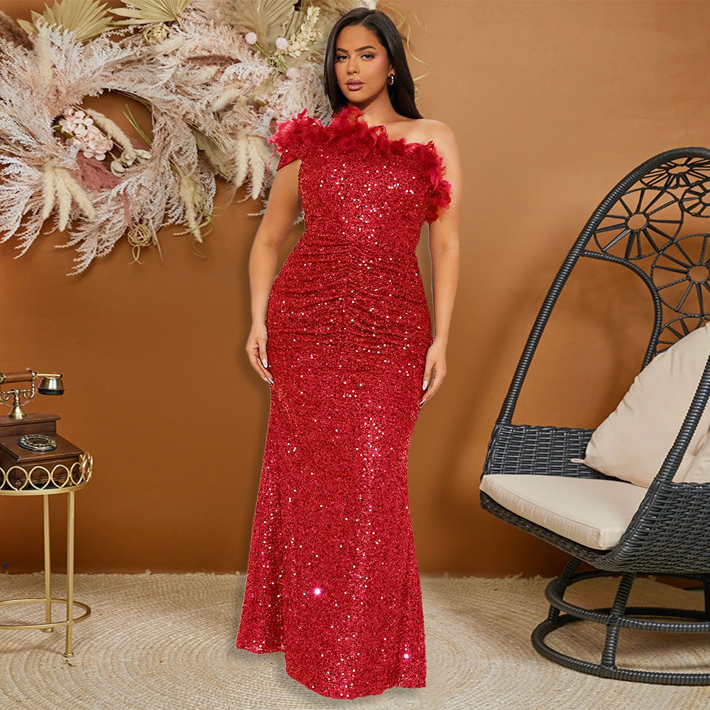 Black Paillette Feather Stitching Sequin Sexy Evening Dress Women - kinko