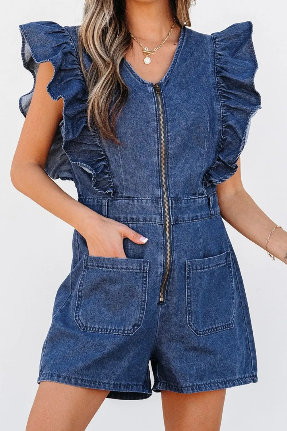 Denim Ruffled Zipped Front Belted Romper - kinko