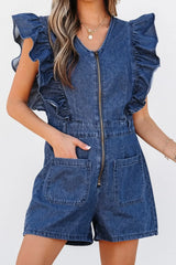 Denim Ruffled Zipped Front Belted Romper - kinko