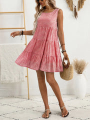 Plaid Round Neck Sleeveless Mini Dress - kinko