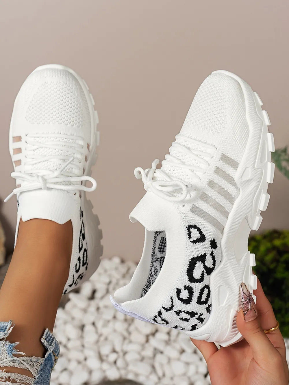 Cutout Leopard Lace Up Mesh Athletic - kinko