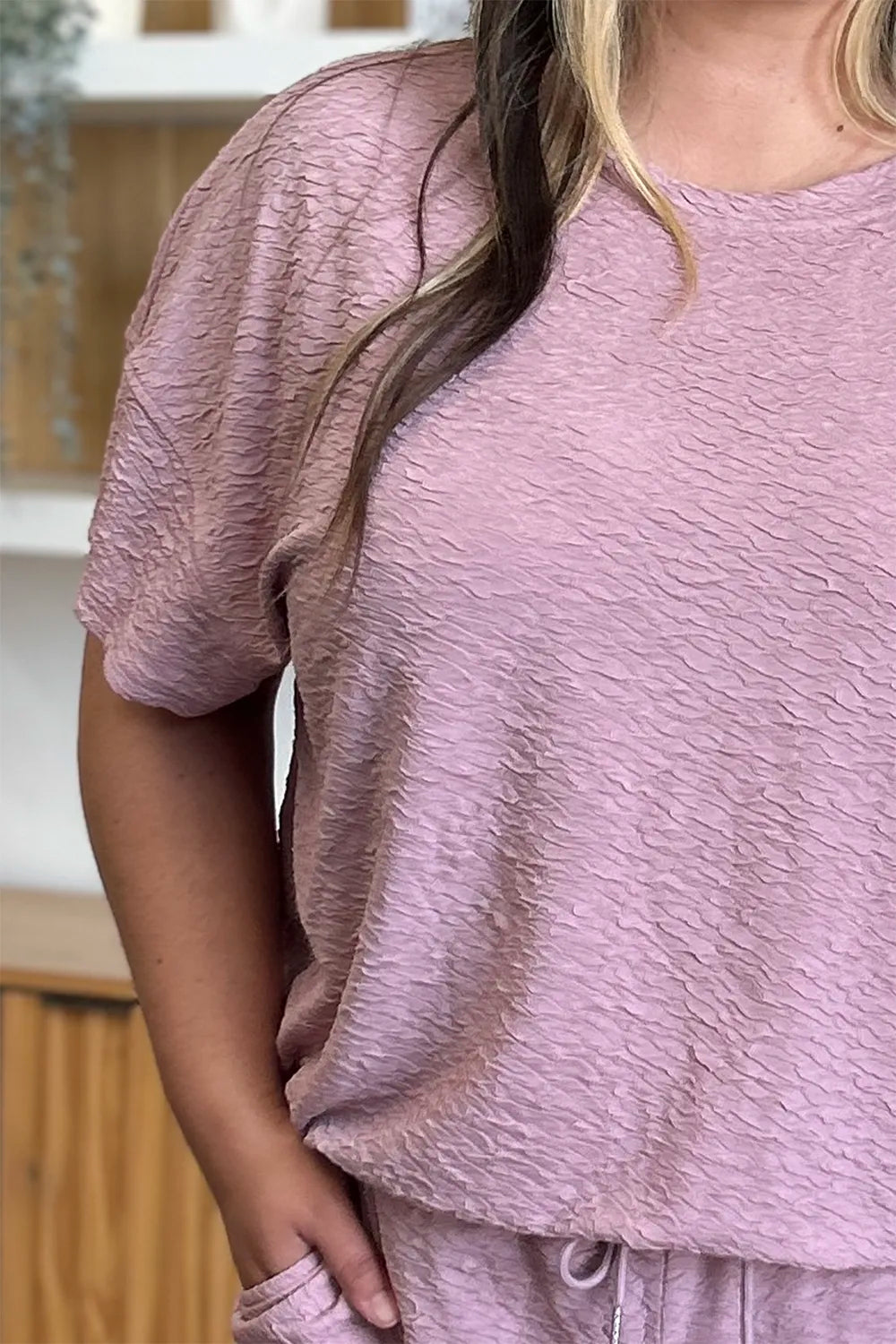 Double Take Full Size Texture Short Sleeve Top and Pants Set - kinko