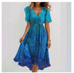 Chiffon Printed Short Sleeve Dress Summer Elegant V-neck Dresses Womens Clothing - kinko