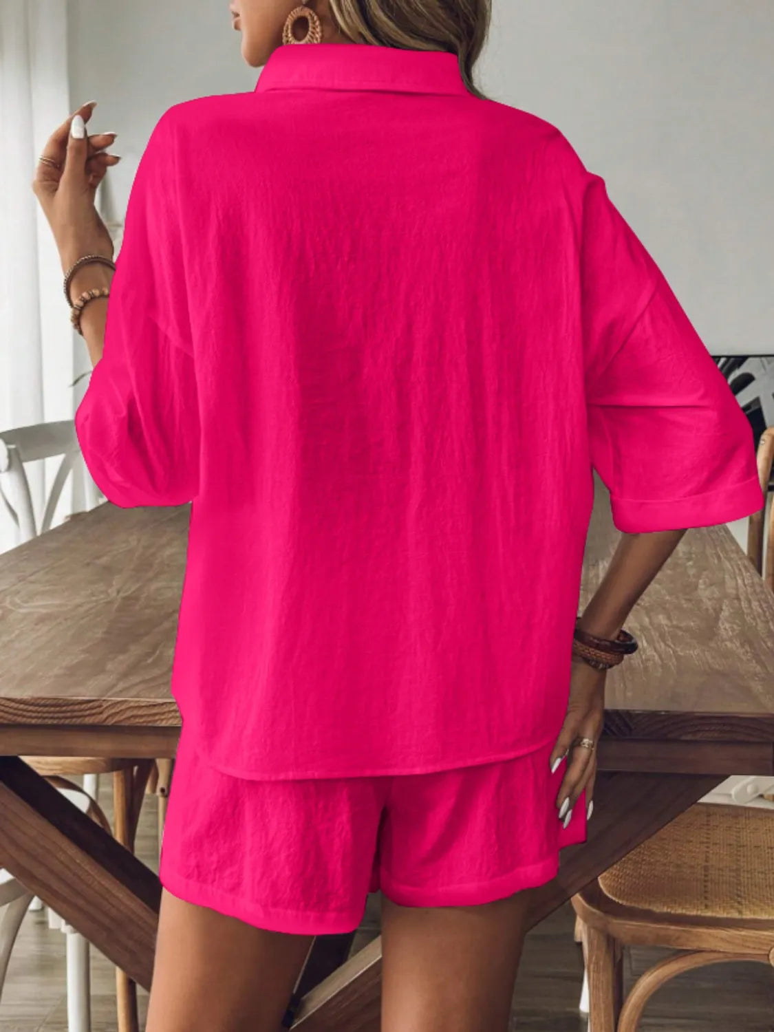 Collared Neck Half Sleeve Top and Shorts Set - kinko