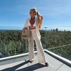 Polo Collar Hollow Lace Short Sleeve Top And Trousers Suit - kinko