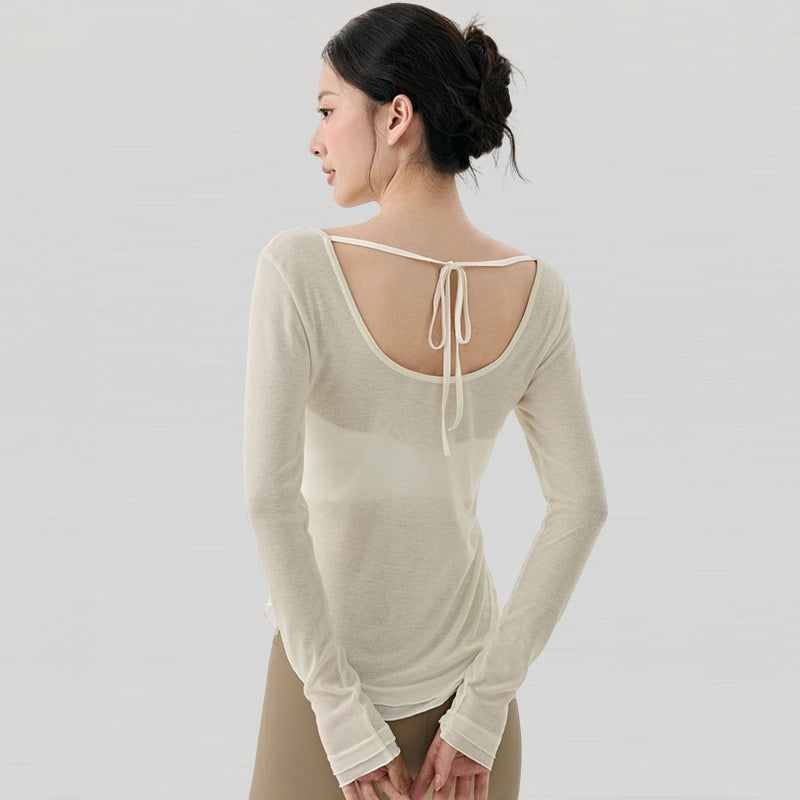 Loose Casual High-grade Yoga Clothes Blouse Hem Contrast Color Light Breathable Sexy Backless - kinko