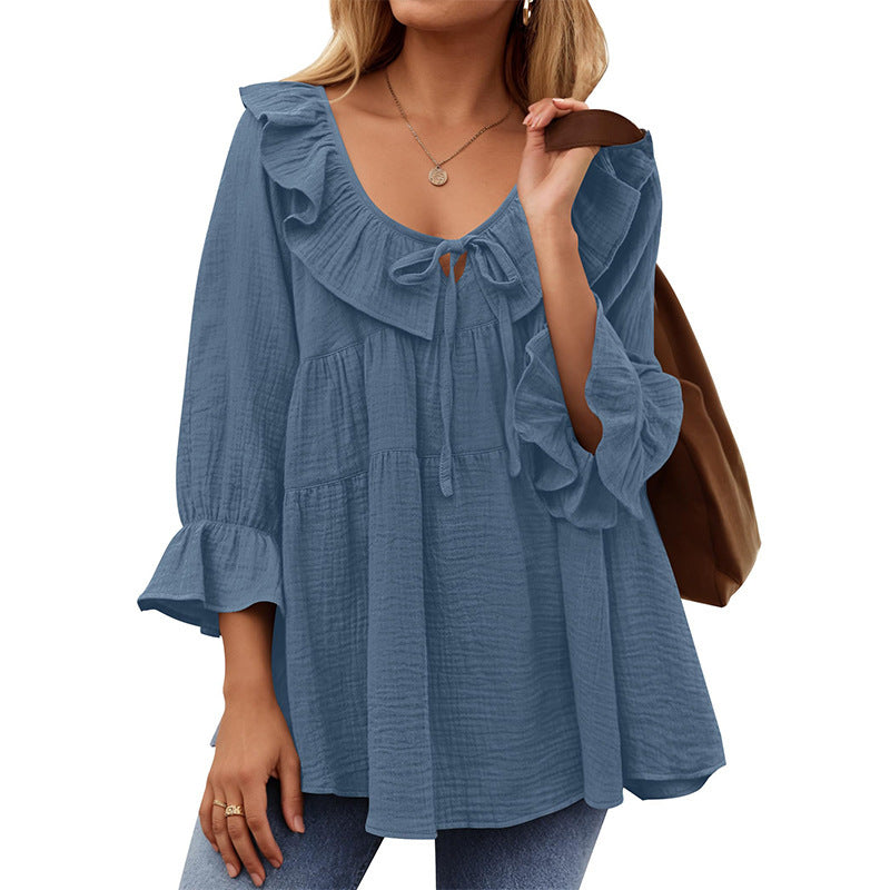 Round Neck Tied Front Dart Multi-layer Loose Waist Shirt - kinko