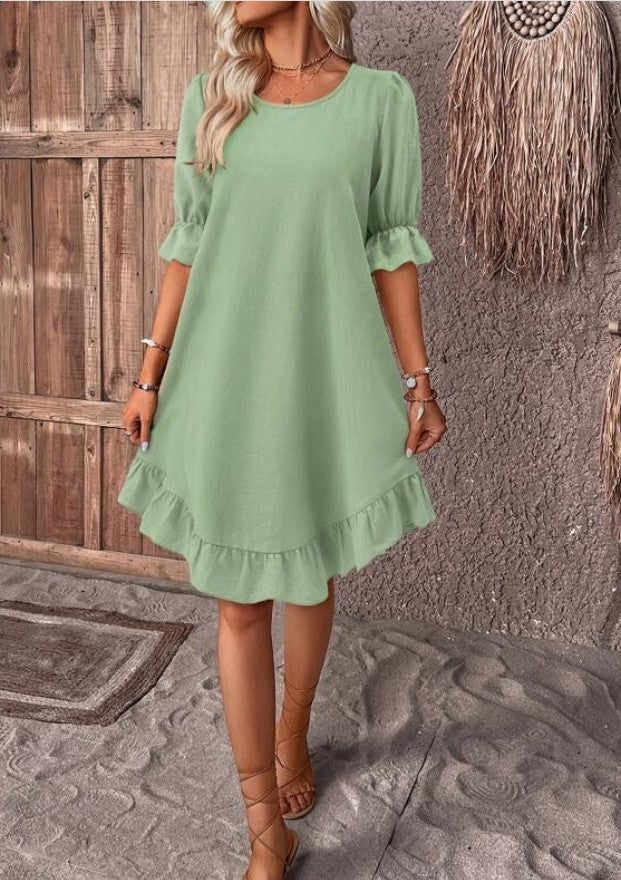 Fashion Ruffle Short-sleeved Dress Summer Solid Color Round Neck Loose Straight Dresses Womens Clothing - kinko