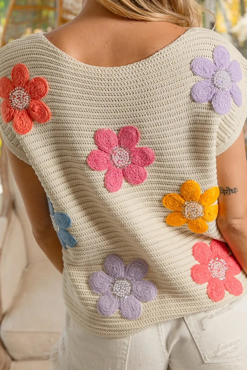 BiBi Multi Jeweled Crochet Flower Patch Sweater Vest - kinko