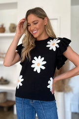 Double Take Full Size Ruffled Flower Round Neck Cap Sleeve Sweater - kinko
