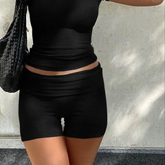 Casual Women's Workout Two-piece Short Sleeve High Waist Fold Bell-bottom Pants Shorts - kinko