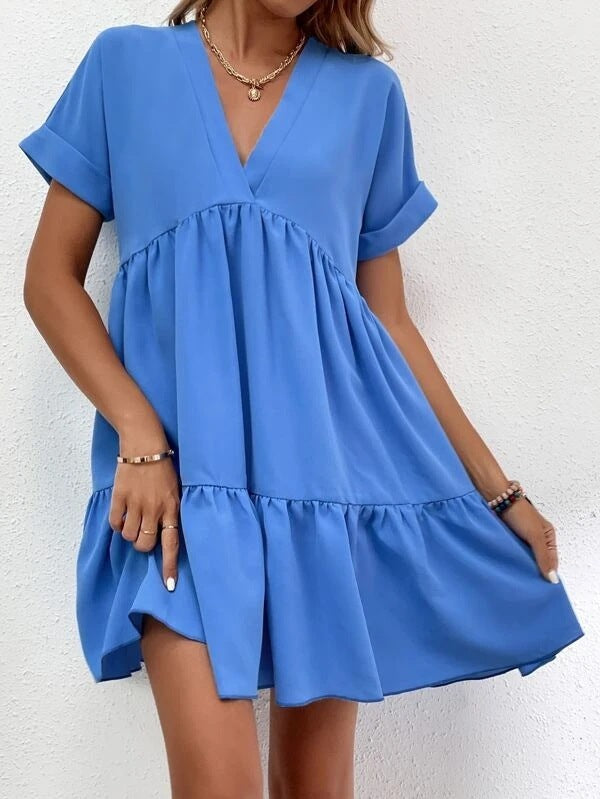 New Short-sleeved V-neck Dress Summer Casual Sweet Ruffled Dresses Solid Color Holiday Beach Dress For Womens Clothing - kinko
