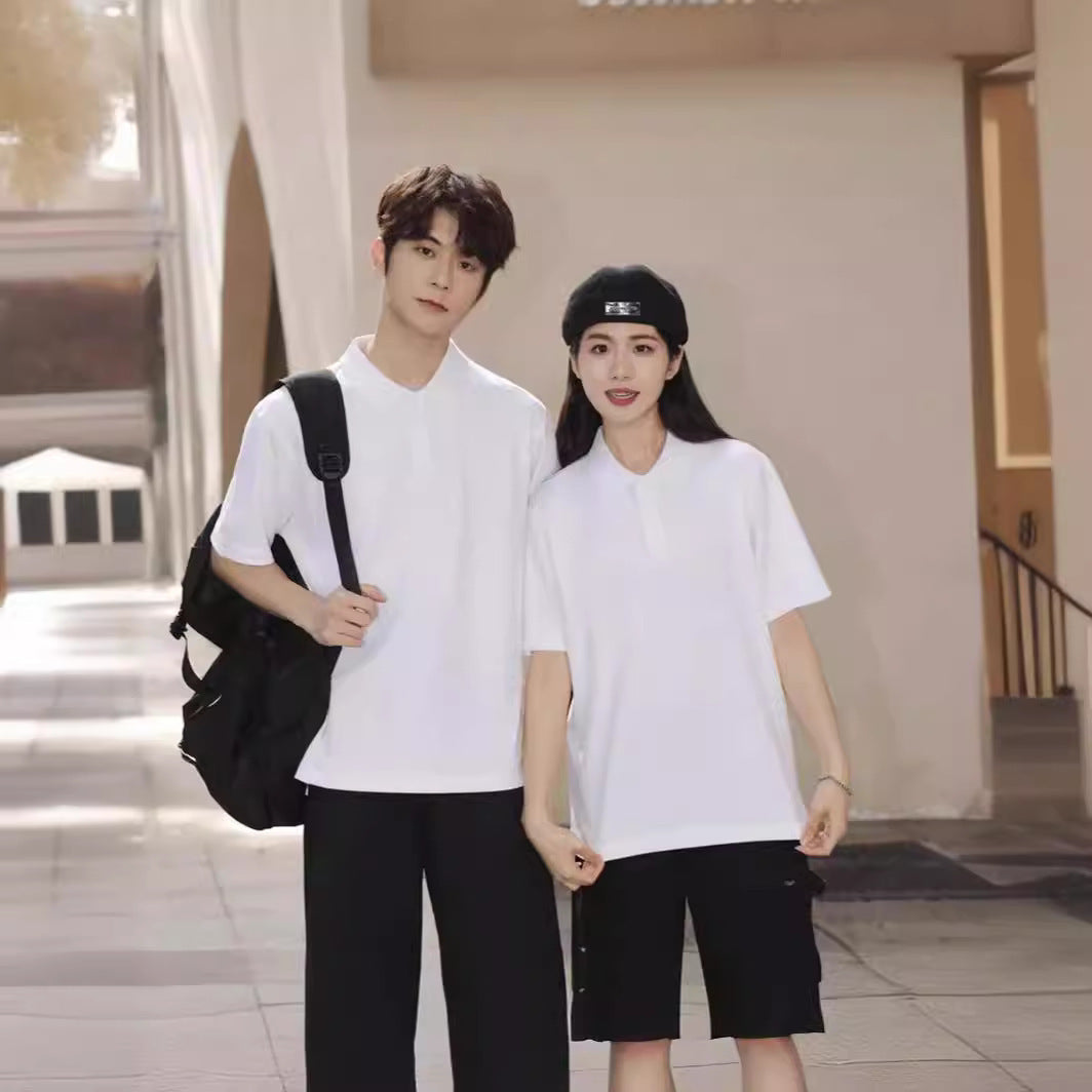 Solid Color Polo Collar Polo Shirt Hong Kong Style Loose Short Sleeve - kinko