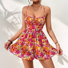 Women's Floral Print Dress Summer Lace-up Back Seaside Holiday Short Dresses - kinko
