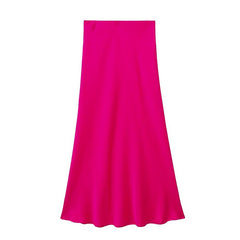 Solid Color Slim Silk Satin Texture Midi Skirt - kinko