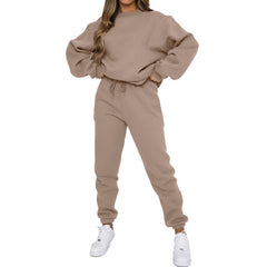 Crew Neck Pullover Sweatshirt Fleece-lined Fashion Casual Sweater Sweatpants Two-piece Set - kinko