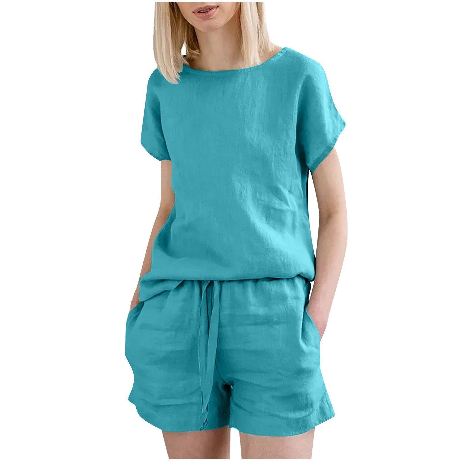 Short Sleeve Cotton Linen Retro Fashion Solid Color Top Shorts Suit - kinko