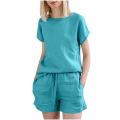 Short Sleeve Cotton Linen Retro Fashion Solid Color Top Shorts Suit - kinko