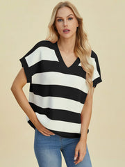 Double Take Full Size Striped V-Neck Short Sleeve Sweater - kinko