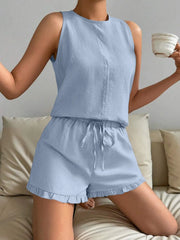 Lace Detail Round Neck Tank and Shorts Set - kinko