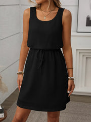 Waffle-Knit Drawstring Mini Tank Dress - kinko