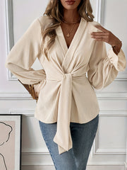 Women's Solid Color Elegant V-neck Long Sleeve Shirt Top - kinko