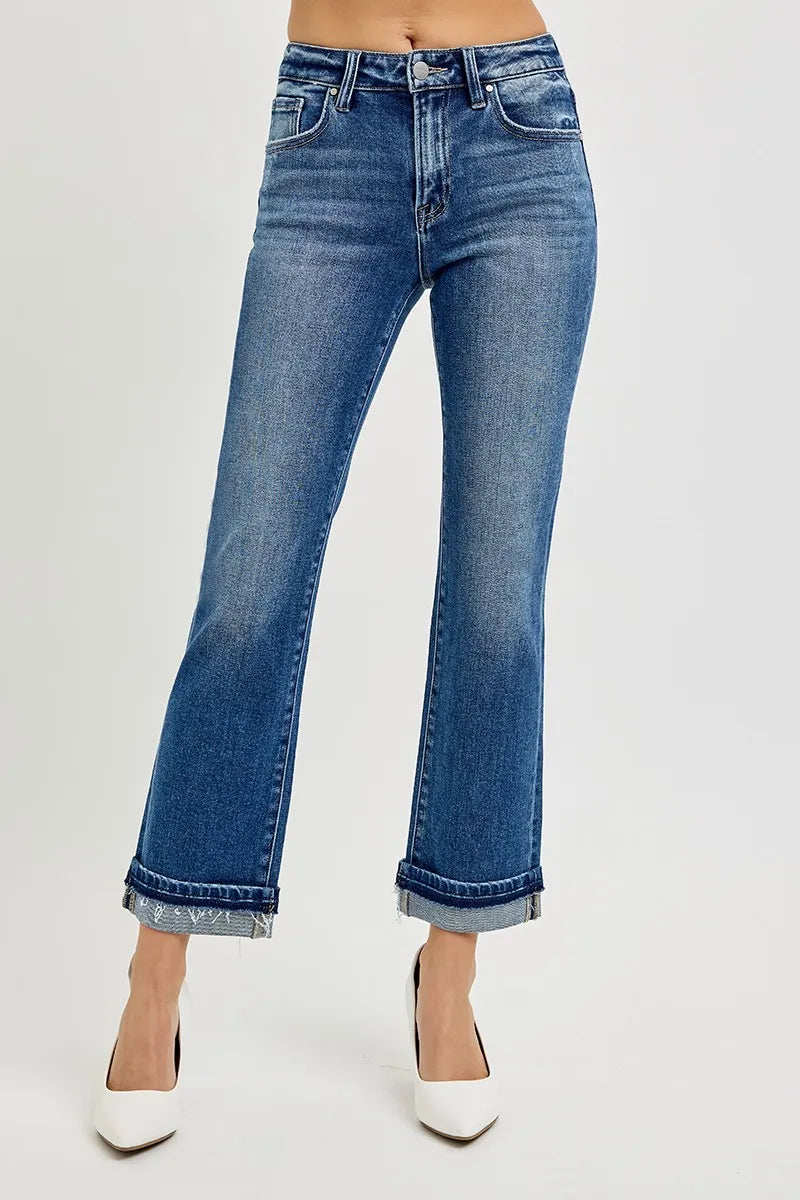 RISEN Mid Rise Ankle Straight Cuffed Jeans - kinko