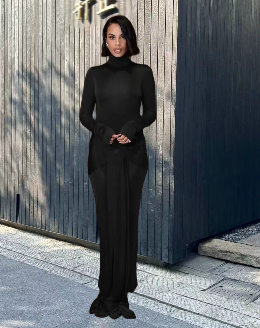 High Collar Solid Color European And American High-end Lace-up Design Dress - kinko