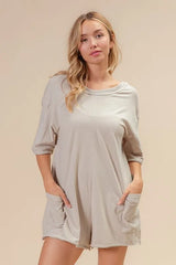 BiBi Short Sleeve Back Open Washed Romper - kinko