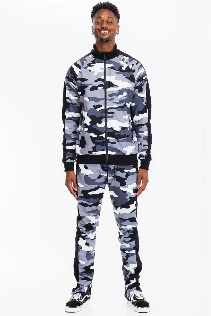 WEIV Men's Full Size Camo Side Stripe Jacket and Pant Set Plus Size - kinko