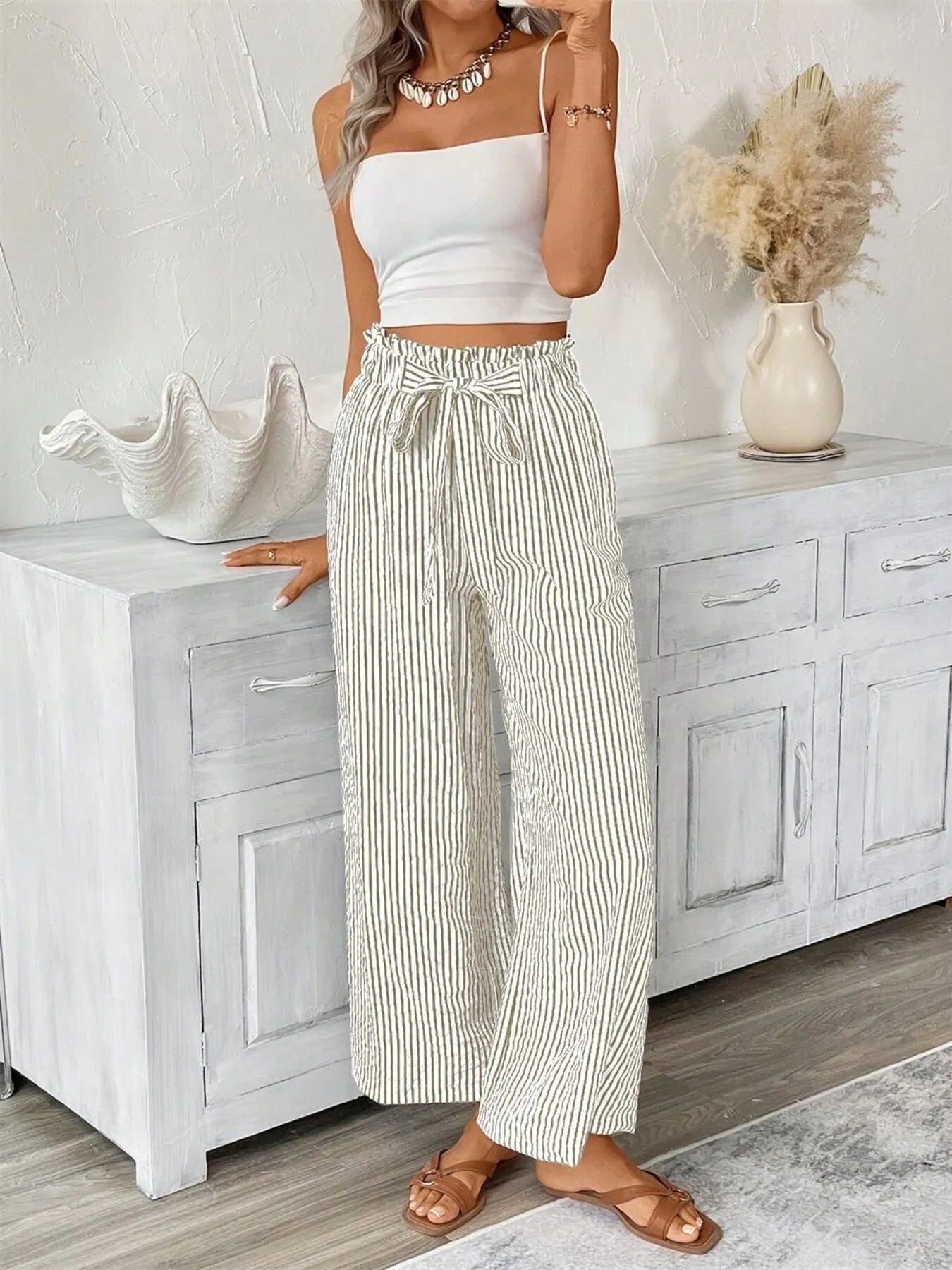 Full Size Striped Wide Leg Paper Bag Pants Plus Size - kinko