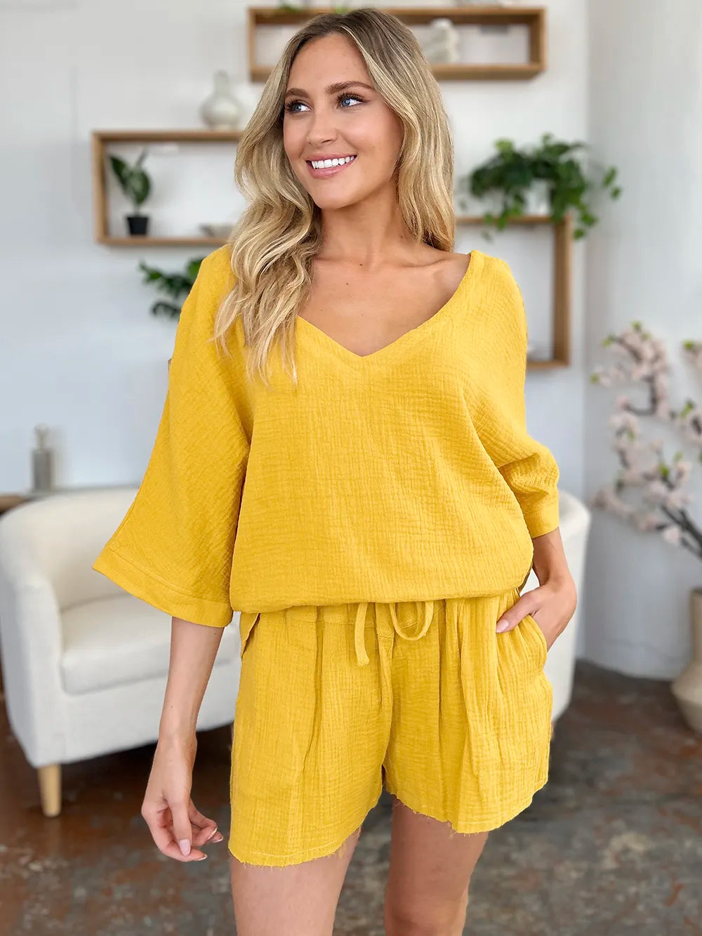 Double Take Texture Half Sleeve T-Shirt and Drawstring Shorts Set - kinko