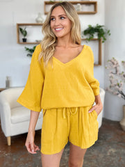 Double Take Texture Half Sleeve T-Shirt and Drawstring Shorts Set - kinko