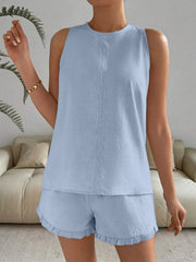 Lace Detail Round Neck Tank and Shorts Set - kinko
