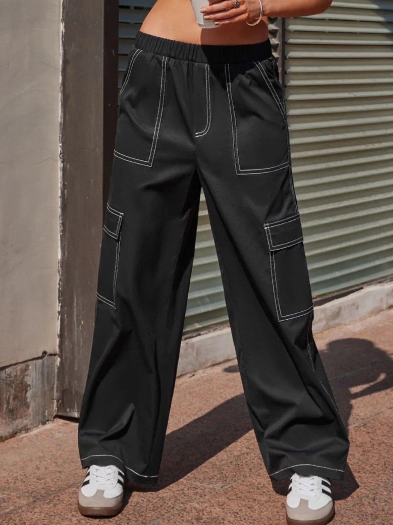 Wide Leg Pants with Contrast Stitching - kinko